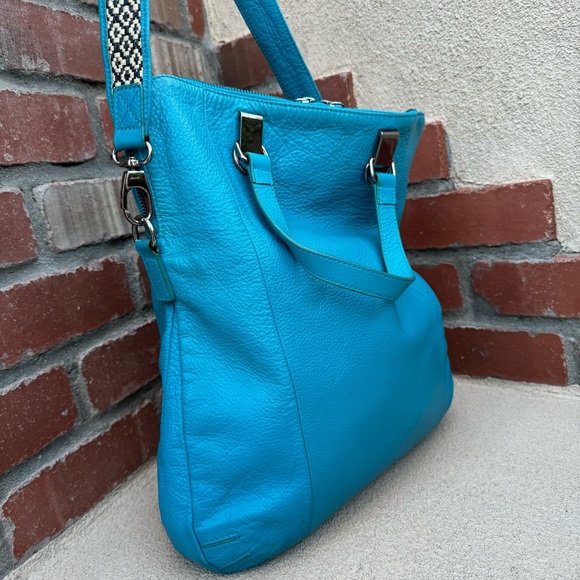 Charles Jourdan Leather Convertible Bag w/trendy guitar style strap in Aqua Blue - Picture 8 of 14